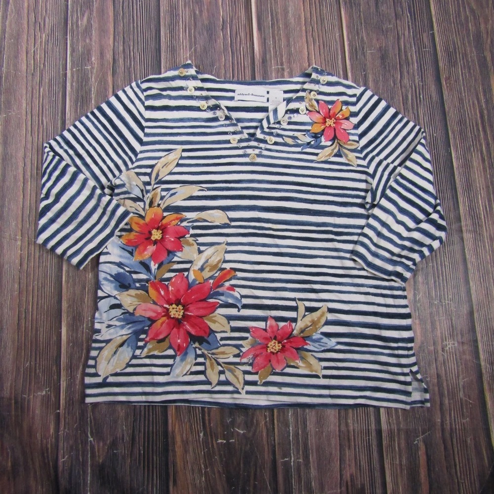 Alfred Dunner T-Shirt Womens S Multicolor Stripe Floral V-Neck Granny Core